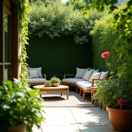 Angolo di un giardino curato con piante e mobili da esterno.